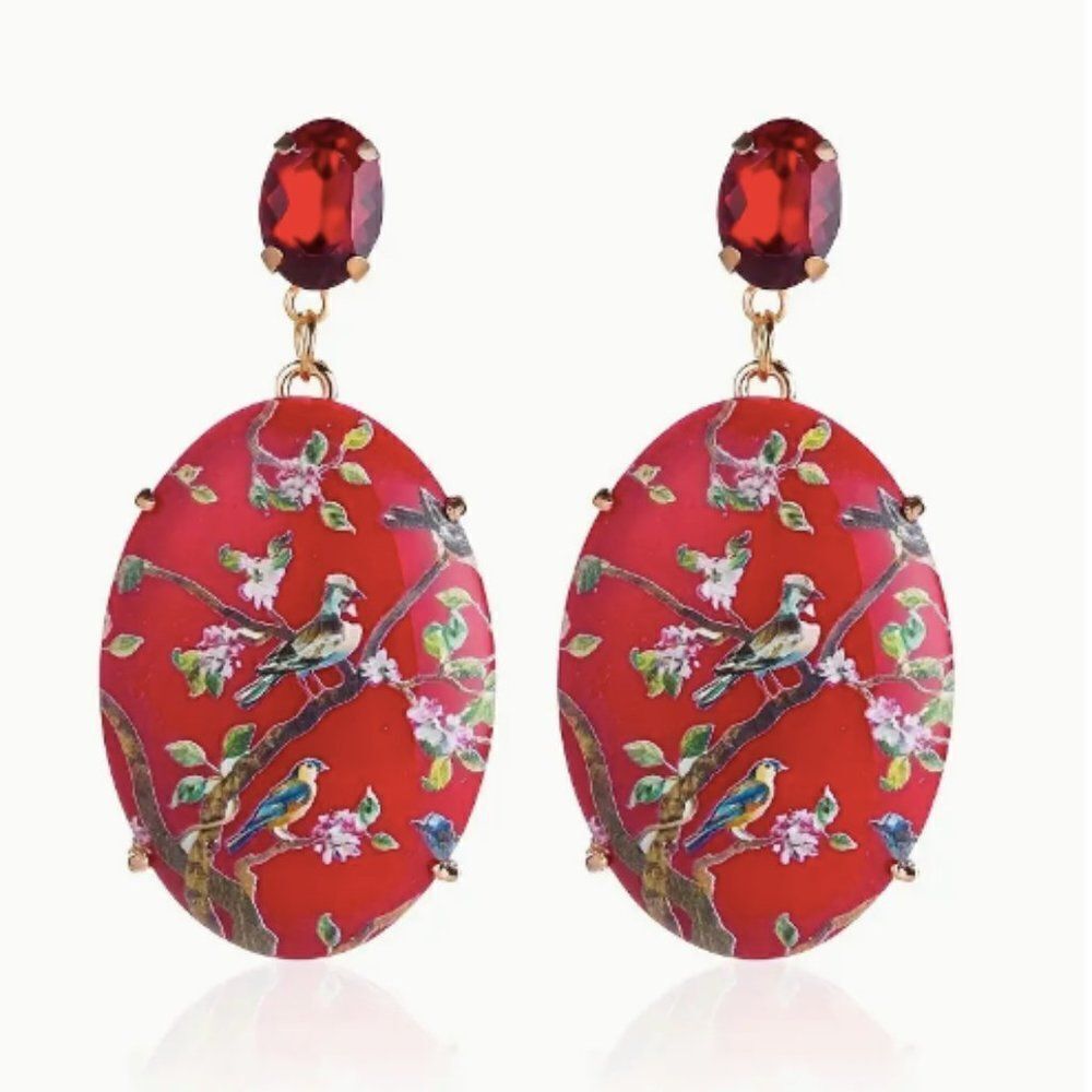 ✨🆕✨Beautifully Boho Vintage Inspired RED Happy Days Floral Birds Earrings ✨